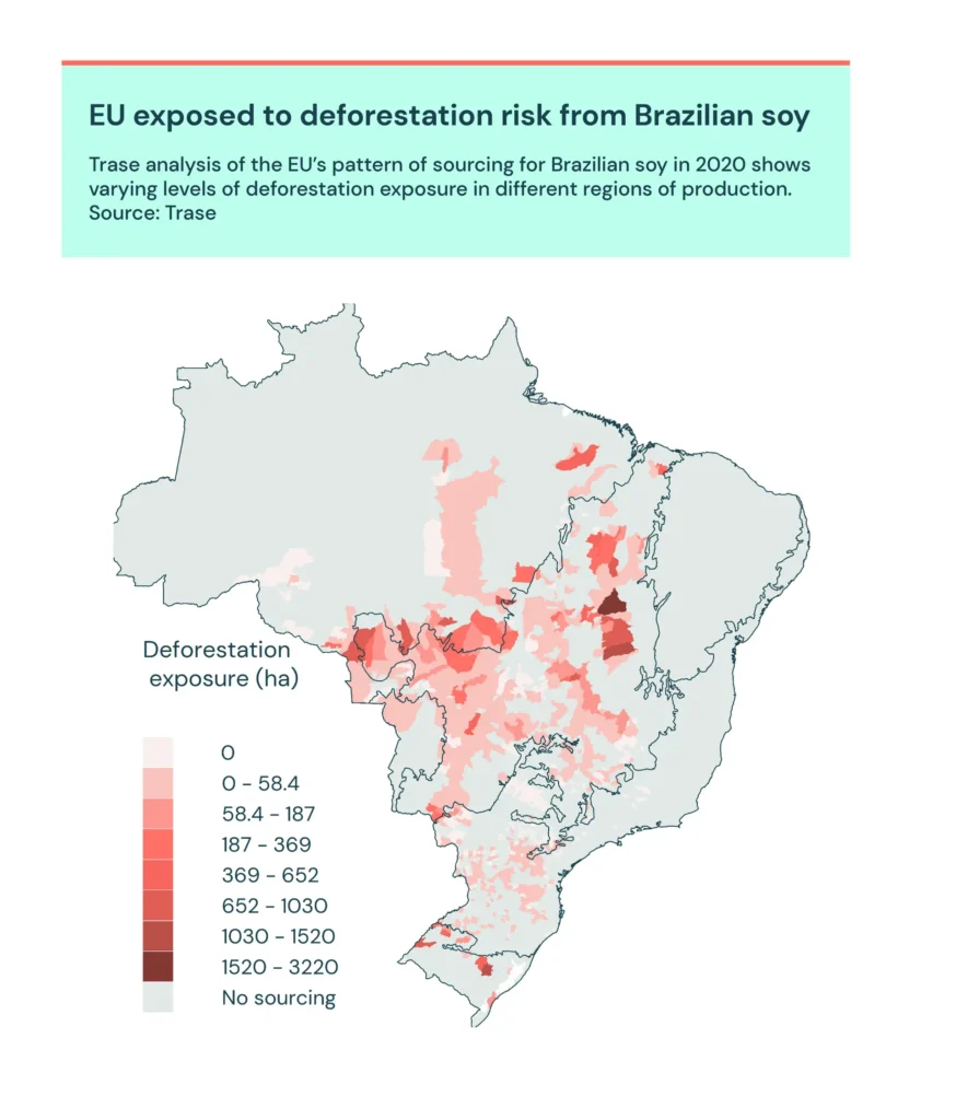 EU exposed to deforestation risk from Brazilian soy
Trase analysis of the EU’s pattern of sourcing for Brazilian soy in 2020 shows varying levels of deforestation exposure in different regions of production. Source: Trase.
